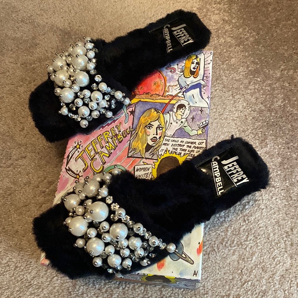 Open Toe Faux Fur Jeffery Campbell Slides with Faux Pearl and Crystal Detail !
